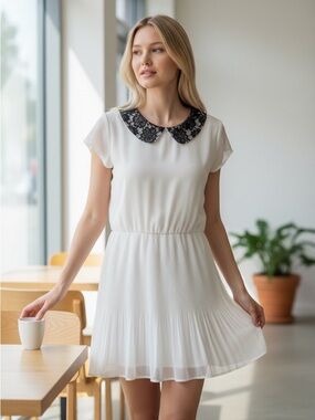 Sequin Hearts White Mini Dress with Black Lace Trim